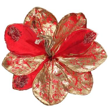 Imagem de Briful Flores artificiais amarílis de 53,8 cm, ouro vermelho, hastes de flores de amarílis falsas com pétalas mosqueadas especialmente projetadas, flores de árvore de Natal para decoração de guirlanda