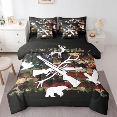 Imagem de jejeloiu Conjunto de cama casal de 7 peças, camuflagem, caça, pesca, para crianças, meninos, meninas, bandeira americana, vintage, retrô