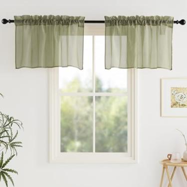 Imagem de Cortina de janela de sanefa semitransparente esmagada para cozinha, 1 par, 127 x 45 cm de comprimento, verde-oliva