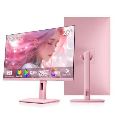 Imagem de CUNPU Monitor Gamer Rosa Pastel De 27 Polegadas Qhd 2560X1440 180Hz 1Ms Gtg Fast Ips, 90% Dci-P3, Sincronização Adaptável, Alto-Falante Integrado, Suporte Ajustável Em Altura/Giro/Inclinação/Pivô,