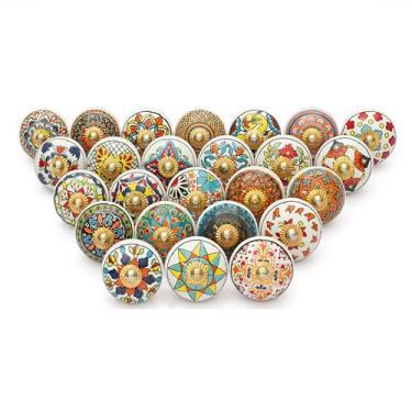 Imagem de Rasiya Art Puxadores de armário de cozinha - Pacote com 25 - Puxador de gaveta de cerâmica variado colorido do campo indiano para armário de cozinha puxador de guarda-roupa boho decoração de