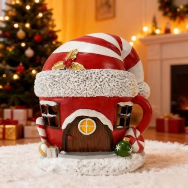 Imagem de Rezpuao Decoração interna para casa de Natal, chapéu de Natal, casa com luz de LED, estatuetas de edifícios colecionáveis de aldeia de Natal, estatuetas de resina para decoração de Natal