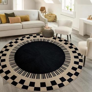 Imagem de Lacomfy Tapete xadrez de juta fácil, tapete redondo moderno de 1,8 m para casa de fazenda, lavável, antiderrapante, fino, neutro, tapete para sala de estar, pátio, crianças, animais de estimação, sala