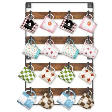 Imagem de EsLuker.ly Suporte para canecas, suporte de parede, de madeira, 2 unidades, organizador de copos de café, prateleira de exibição com 16 ganchos de plástico móveis, ideal para colecionadores de canecas