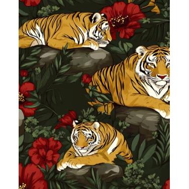 Imagem de XRUIBZI Papel de parede tigre descasque e cole vintage animal vermelho floral papel de contato 44,5 cm x 299,7 cm papel de parede de flores antigas autoadesivo removível à prova d'água para banheiro