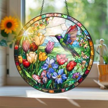 Imagem de Acrílico colorido, apanhador de sol estilo vitral estampado com flores com reflexos de arco-íris, arte de parede para decoração de janela suspensa, ornamentos de Natal para uso interno e externo 19,8