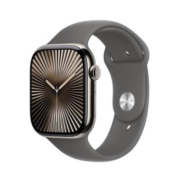 Imagem de Apple Watch Series 10 GPS + Cellular • Caixa natural de titânio – 46 mm • Pulseira esportiva cinza-pedra – P/M