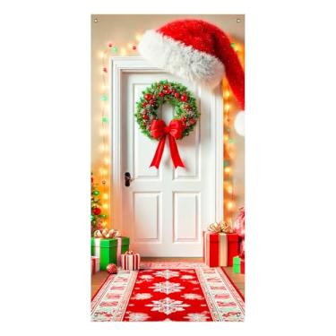 Imagem de BlissYard Capa para porta de Natal, chapéu de Papai Noel, decoração gigante, 89 x 189 cm para porta da frente, guirlanda de Feliz Natal, decoração de banner, placa de boas-vindas para ambientes