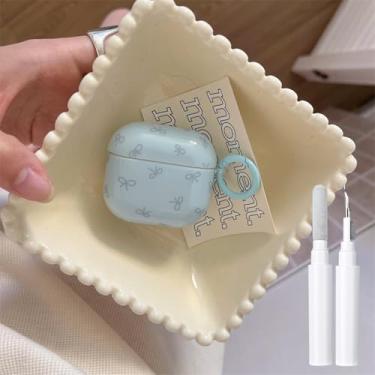 Imagem de inewateri Capa compatível com AirPods 4, TPU macio com kit de limpeza, estampa de laço fofo, design estético, laço à prova de choque, chaveiro para fone de ouvido, capa azul