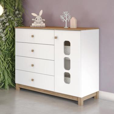 Imagem de Cômoda Infantil 4 Gavetas 1 Porta com Pés Aconchego Henn