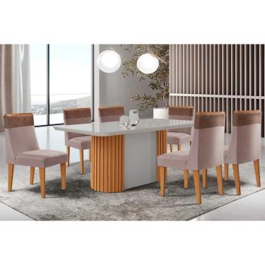 Imagem de Sala Jantar Mesa Pilar Curvo 180cm + 6 Cadeiras Jaspe Madeira Naturale/Off White - Capuccino/Linho Capuccino - Rufato