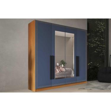Imagem de Guarda Roupa 4 Portas (2 C/ Espelho) E 4 Gavetas Valência Freijo/azul - Politorno