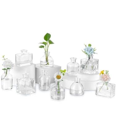 Imagem de Glasseam Mini vasos de botão de vidro: pequenos vasos transparentes para centros de mesa, lindo conjunto de 10 vasos de flores para decoração de centro de mesa moderna para decoração de sala de jantar