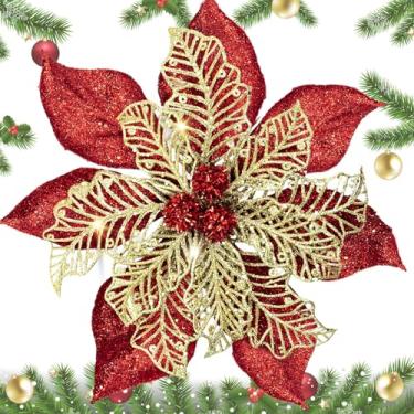 Imagem de YILIUFA Flores grandes de poinsétia de Natal de 23 cm, 4 peças, enfeite de árvore de Natal artificial com glitter em ouro vermelho, decorações de flores com clipes para guirlanda de árvore de Natal