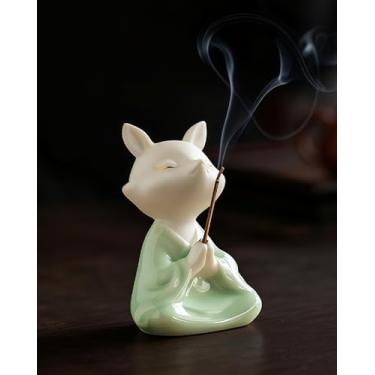 Imagem de TEAVOR Suporte de incenso Zen Fox, estátua de meditação de cerâmica para afastar a negatividade, queimador de incenso japonês Kitsune para decoração de casa e espiritual