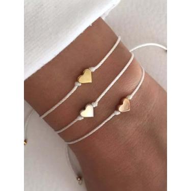 Imagem de Conjunto de pulseiras de coração minimalistas para mulheres, pulseiras de amizade com cordão branco ajustável, joias delicadas do amor para casais, pulseiras combinando, presente para melhores amigas