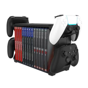 Imagem de Tideal - Games Stand for PS5, PS4, XBOX Series X, XBOX One, Switch, Blu Ray Movie Discs - With 4 Controller Holder - Up to 15 Disc Rack - Universal Gaming Organizer for Playstation and others