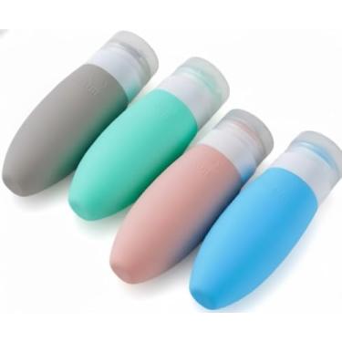 Imagem de Kit 4 Frasco De Cosmetico 90ml Silicone Para Viagem Portártil Porta Shampoo Creme Loção Sabonete e bolsa com kit