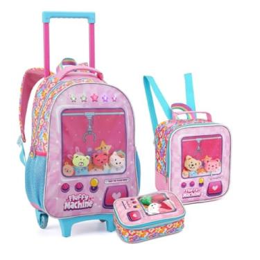 Imagem de Kit Mochila De Rodinha Infantil Com Luz de LED Lancheira E Estojo Estampa de Bichinhos de Pelúcia Feminina Menina
