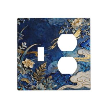Imagem de WUYOCHA Capas de tomada decorativas, flor azul, branca, linha dourada, nuvem, 2 gangs, placa de cobertura para interruptores de luz, interruptor único, placas de parede duplex para tomadas elétricas