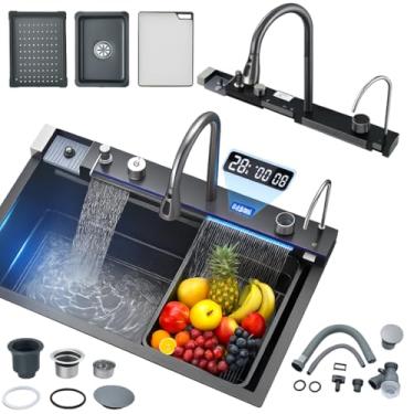 Imagem de Pia Cuba de Cozinha Cascata Torneira Inteligente Gourmet Aço Inoxidável 75cm x 45 cm x 23 cm Escorredor Tábua Inox Kit Completo com Acessórios Premium Hytalux
