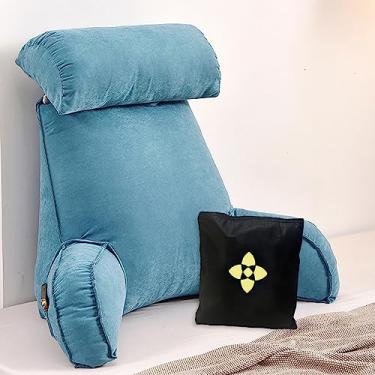 Imagem de Almofada ergonômica de leitura para descanso de cama com rolo de pescoço removível - Almofada de suporte durável para as costas com suporte de braço e bolso - Travesseiro de encosto - Almofada de