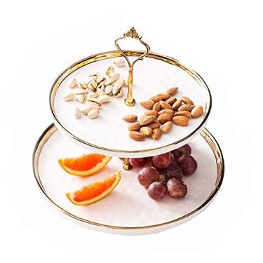 Imagem de Prateleira de frutas de cerâmica dupla feita à mão, design plano, prato de lanche, suporte de bolo, suporte de condimentos, mesa giratória multifuncional, utensílios de mesa requintados