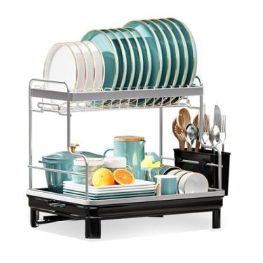 Imagem de Escorredor de louça de 2 níveis, escorredores de pratos para balcão de cozinha, organizador grande com suporte de utensílios, bico giratório de 360°, escorredor de louça, A (A)
