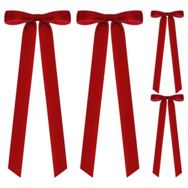 Imagem de Zourglow 4 peças de laços de veludo vermelho para árvore de Natal, laço de Natal grande de 59 x 21 cm, grande decoração de Natal vintage para guirlanda
