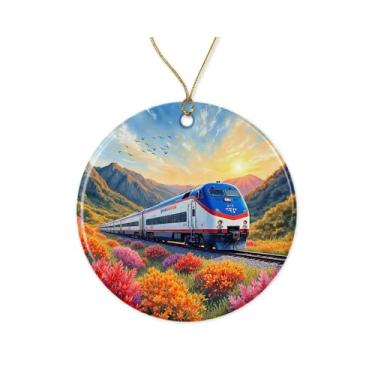 Imagem de ZoZi9xDesigns Enfeite de Natal para viagem de trem - Montanha e flor - Enfeite de viagem de férias - Lembrança de viagem de cerâmica - Decoração de árvore de Natal impressa em ambos os lados