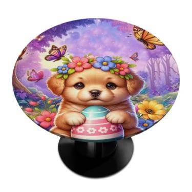 Imagem de hongjinglin Toalha de mesa redonda com borda elástica de Páscoa, toalha de mesa redonda limpável para ambientes internos e externos, pátio, jantar, cozinha, festival, decoração para mesas de 114 a 127