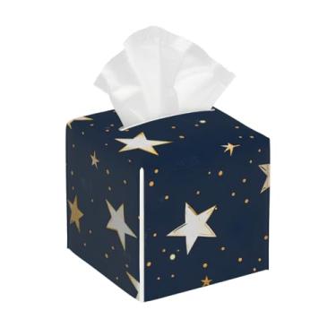 Imagem de Porta-lenços de papel quadrado de couro à prova d'água estrelas branco azul bonito organizador de papel facial com cinto inferior cubo estojo de lenços para mesa banheiro escritório mesa carro
