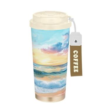 Imagem de SEHANY Caneca de viagem Summer Sea Beach Starfish 482 g Copos de café reutilizáveis revestidos de cerâmica com tampa à prova de vazamento, parede dupla, isolamento a vácuo, copo de café de aço