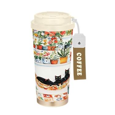 Imagem de SEHANY Caneca de viagem de gato gatinho fofo de 482 g xícaras de café reutilizáveis revestidas de cerâmica com tampa à prova de vazamento, parede dupla, isolamento a vácuo, copo de café de aço