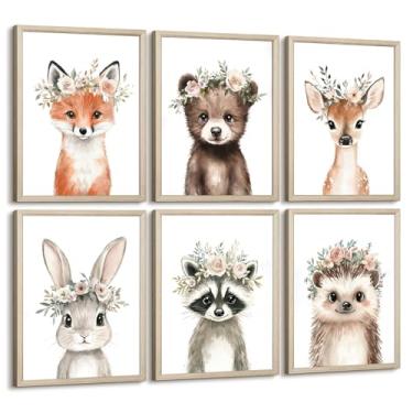 Imagem de Decoração de parede de berçário de animais da floresta imagens de quarto de bebê menina floral coroa animal decoração de parede decoração de arte de parede urso safári raposa pôster floral impressões