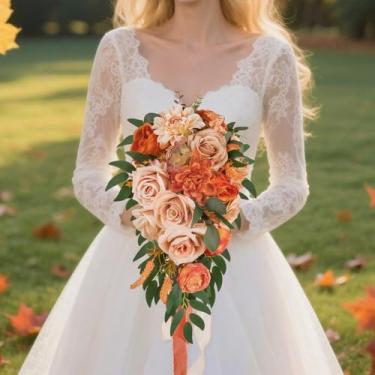 Imagem de LCiclly Buquês em cascata de 25 cm para noiva, outono, casamento, rosa, buquê de noiva, flor de seda artificial, boho, cerimônia rústica, decoração de aniversário (laranja queimado, terracota)