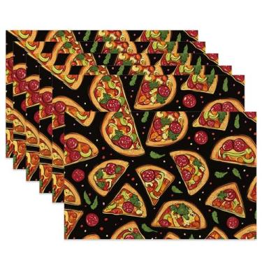 Imagem de Jogo americano de pano de comida de pizza, jogo americano temático resistente ao calor, conjunto de 6, tapetes de linho laváveis para decoração de mesa de sala de jantar, casa, restaurante, cafés