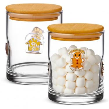 Imagem de Suclain 2 potes de vidro com ícones de Natal com tampas – pote de armazenamento de doces com ícone de homem de gengibre, biscoitos, açúcar, especiarias, recipiente hermético de alimentos para cozinha