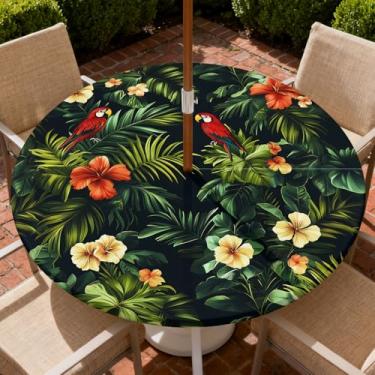 Imagem de Yesad Toalha de mesa redonda para uso ao ar livre com orifício para guarda-chuva, toalha de mesa com zíper e borda elástica, capa de toalha de mesa à prova d'água para piqueniques, serve para mesa