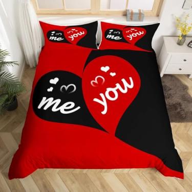 Imagem de Erosebridal Conjunto de capa de edredom You and Me Red and Black Love Heart Queen, capa de edredom de casamento romântico, decorações de dia dos namorados, presentes para casais para ele e ela
