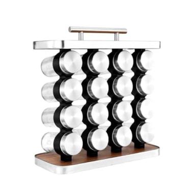 Imagem de Porta Condimentos Torre com 16 Potes de Vidro 80ml, Aço Inox e Madeira, Tampa Inox com Peneira Dosadora, 30x28x12cm