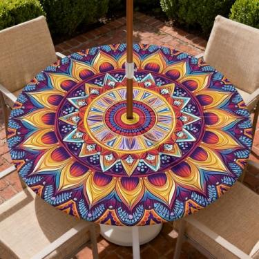 Imagem de Yesad Toalha de mesa redonda para uso ao ar livre com orifício para guarda-chuva, toalha de mesa com zíper e borda elástica, capa de toalha de mesa impermeável para piqueniques, serve para mesa