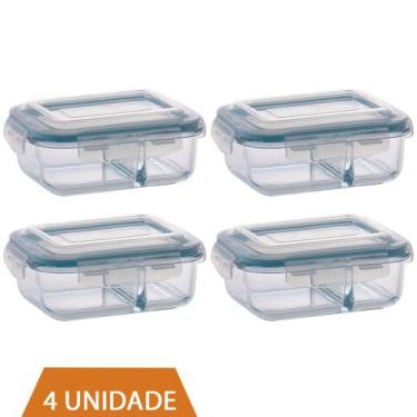 Imagem de 4 Pote de Vidro 640ml Retangular Divisória Marmita Fitness - QUALITY H