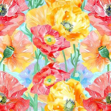 Imagem de Forro de prateleira floral papoula vermelha amarela papel de contato descascar e colar floral aquarela para armários, cômodas, gavetas, móveis, arte de parede, decalque 43 x 38 cm