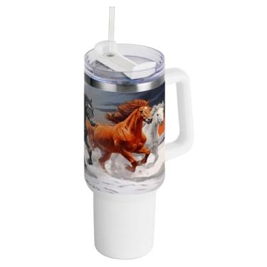 Imagem de Kigai Copo de 1,134 g com tampa e canudo, rebanhos de cavalos de corrida à prova de vazamento, copo com isolamento de aço inoxidável durável com alça, garrafas de água à prova de derramamento para