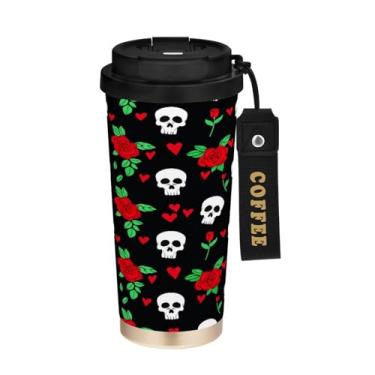 Imagem de STAYTOP Caneca de café de viagem com isolamento de caveira rosa, 500 ml, copo de café reutilizável de aço inoxidável com tampa flip à prova de vazamento, à prova de derramamento, para escritório
