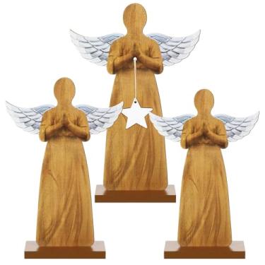 Imagem de Suzile 3 peças de estátuas de anjo de madeira de Natal, ornamentos de Natal, estatueta vintage, em forma de anjo, escultura de anjo, mesa, artesanato, centros de mesa para decorações de Natal