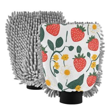 Imagem de STAYTOP Luvas de lavagem de carro de morangos deliciosas, 2 peças, luvas de microfibra de chenille, sem arranhões, panos de esponja de lavagem ultra absorventes para carros, limpeza doméstica - L