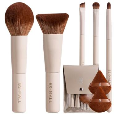 Imagem de BS-MALL Pincéis de maquiagem para viagem, base sintética premium, corretivos, sombras para os olhos, 7 peças com puff triangular e bolsa de armazenamento (bege)