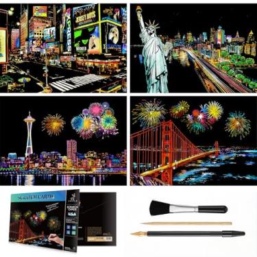 Imagem de VTEAS Scratch & Sketch Art for Teens & Adults - 4 Sheets Scratch Cards & Drawing Pen, Clean Brush, Rainbow Painting Night View Scratchboard (A4), Art & Craft (USA)